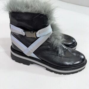 Mr & Mrs Italy Leather Combat Boots Womens Size 8.5 Black Faux Fur Lug Sole